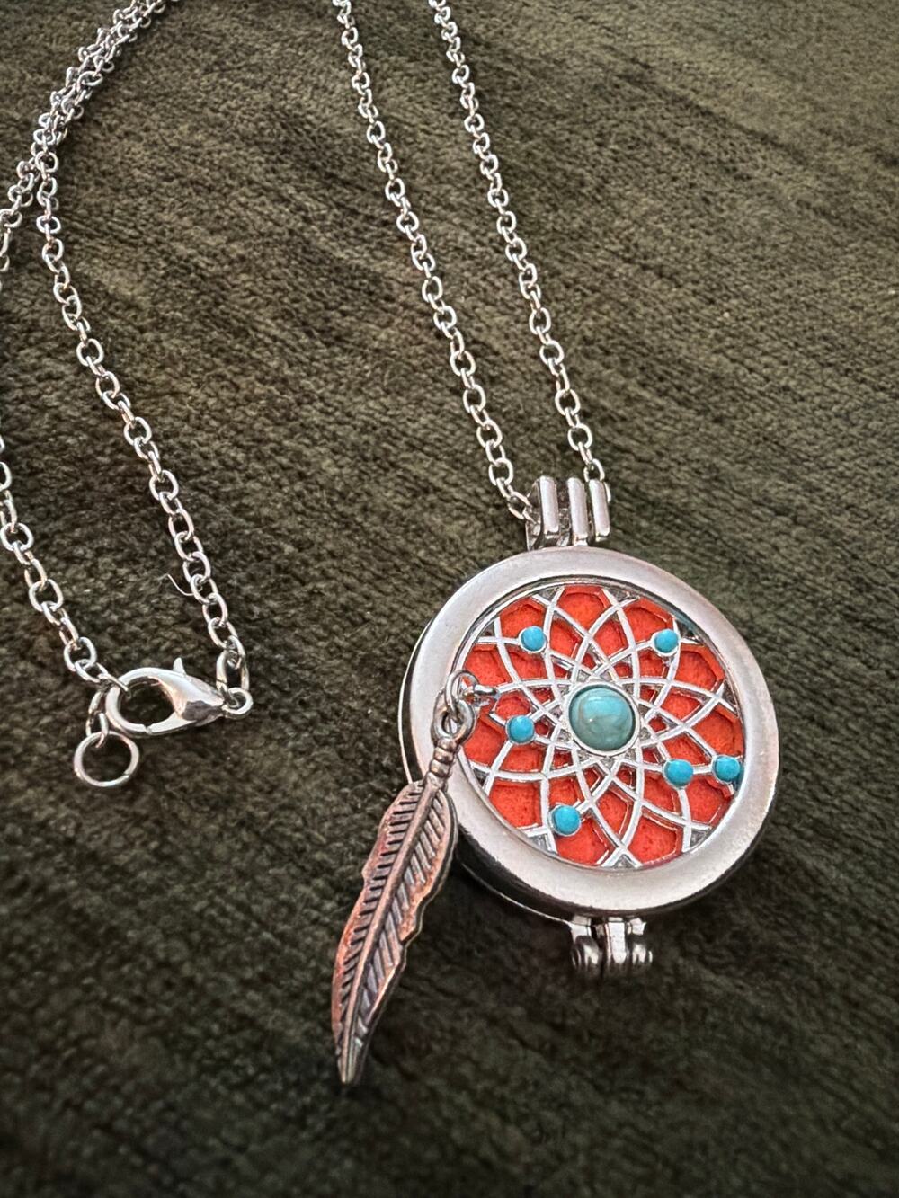Silver tone dream catcher oil diffuser necklace